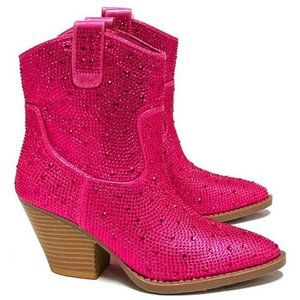 New Women Fuchsia Pink Blingy Rhinestone Cowboy Western Ankle Boots  Booties